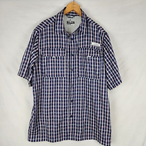 Habit Mens Vented Button Up Short Sleeve Shirt Sz M Blue Plaid 40+ Solar Factor - Picture 1 of 7
